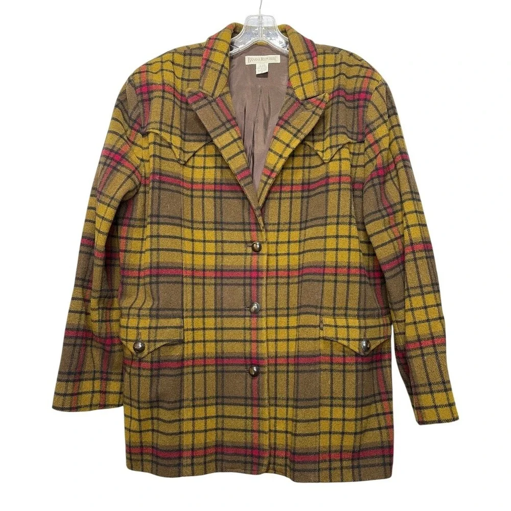 Vintage Banana Republic Made in Italy Wool Plaid Jacket Western Barn Coat M